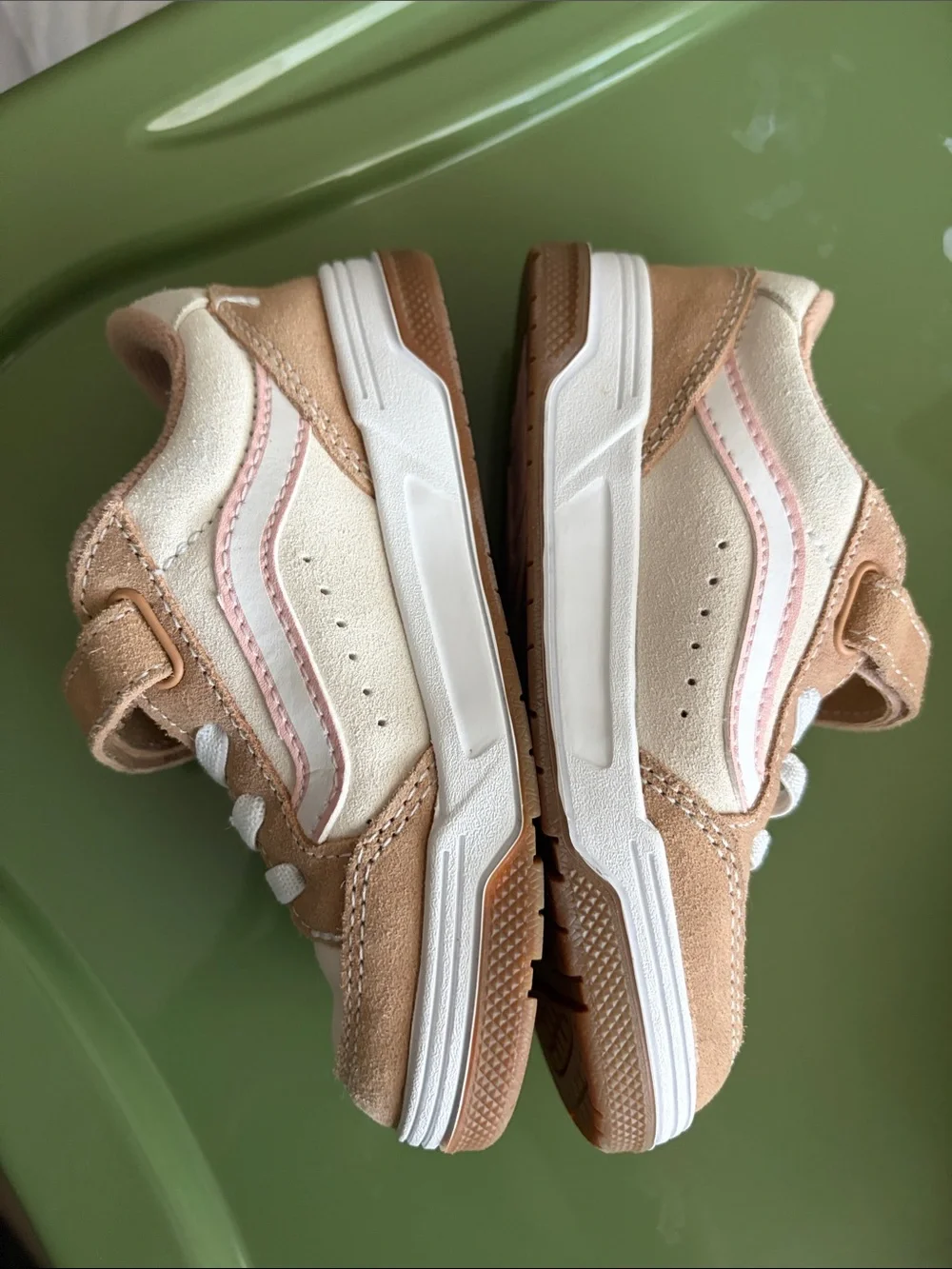 Kids Beige and Pink Suede Sneakers with White Laces